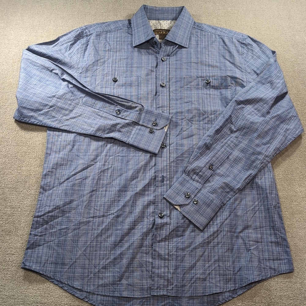 Blue by Pronto Uomo Cotton Shirt Long Sleeve Mens Large Plaid Floral Cuffs